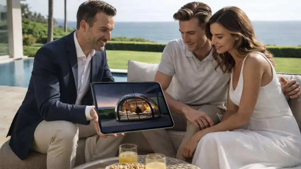 Real estate agent presenting a dome pod concept to clients on a tablet